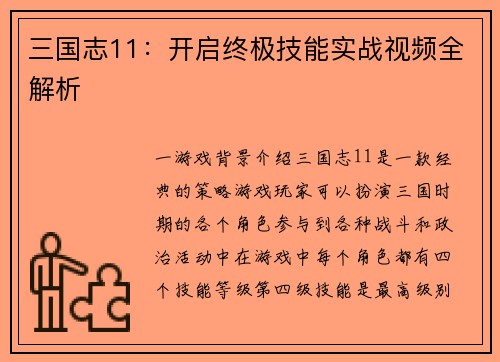 三国志11：开启终极技能实战视频全解析