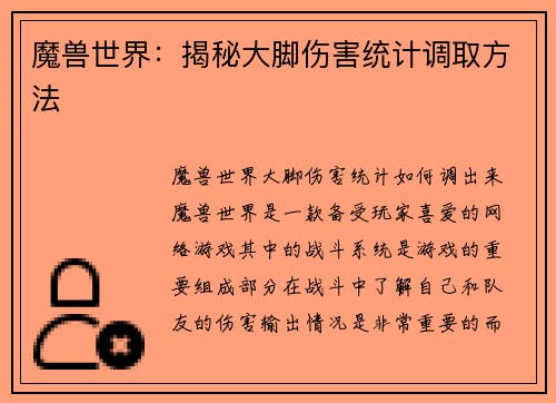 魔兽世界：揭秘大脚伤害统计调取方法
