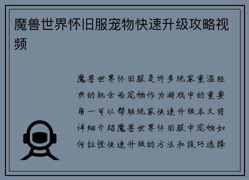 魔兽世界怀旧服宠物快速升级攻略视频